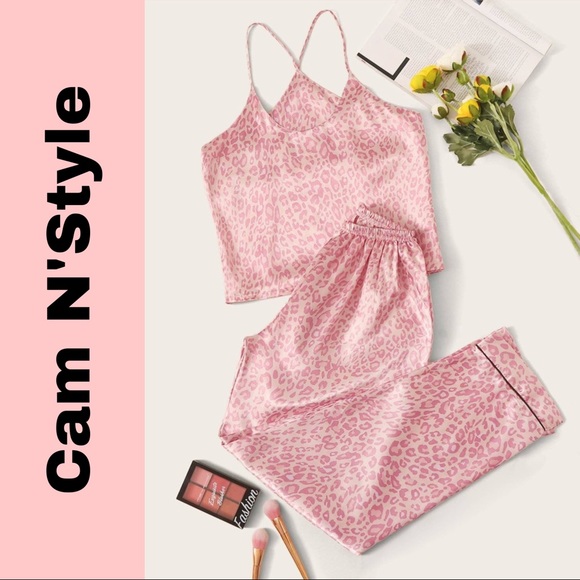 Boutique Other - New Pink Leopard Satin Silk-Like Cami Pajamas Set
